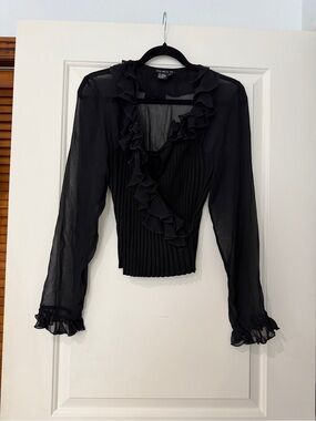 Tracy M Black Ruffle-Trim Pleated Bodice Blouse